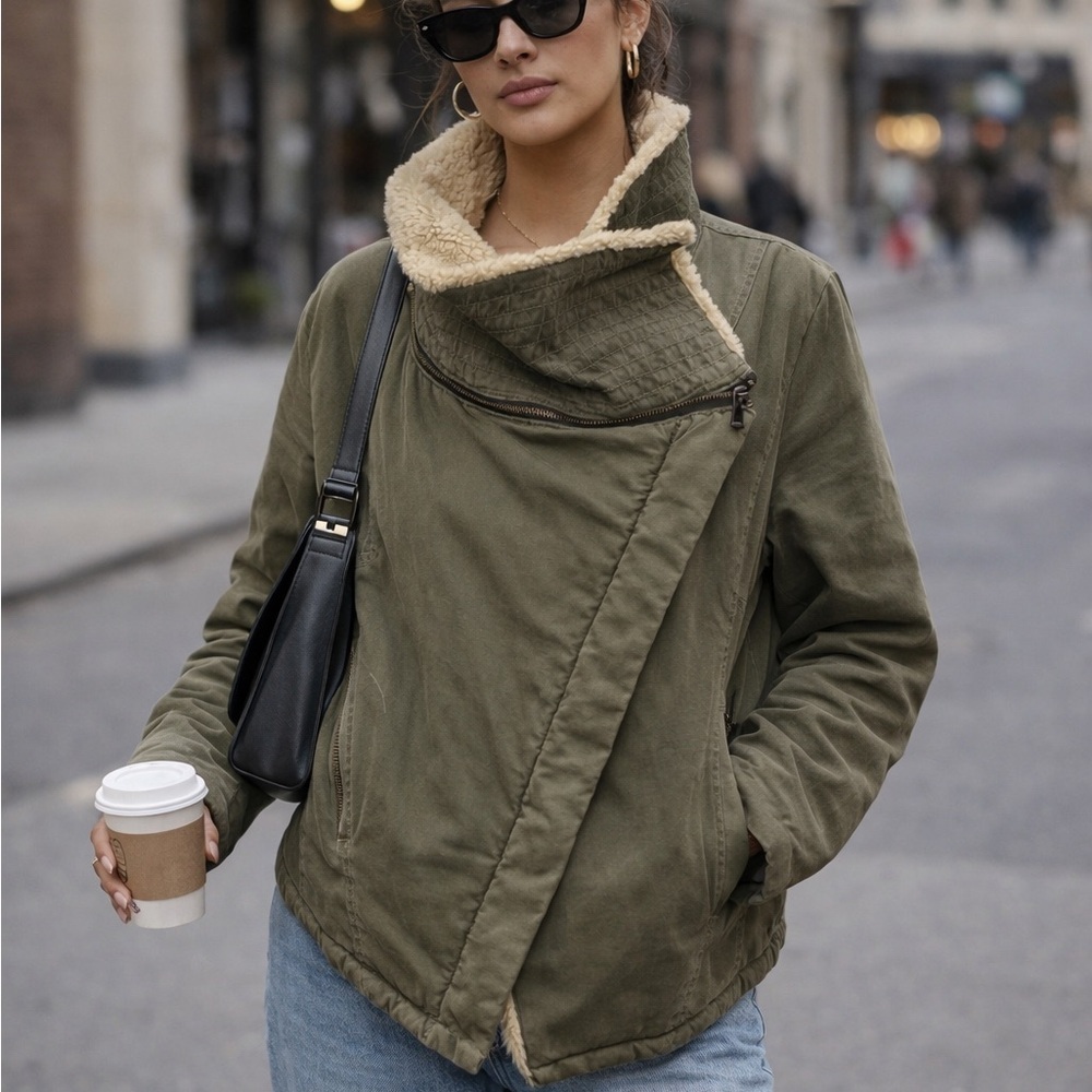Marc New York asymmetrical zip high collar cotton coat size large fleece collar